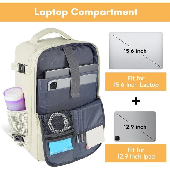 Taygeer Women's Cream Beige Travel Backpack Carry On 15.6inch Laptop Backpack - Picture 6 of 10